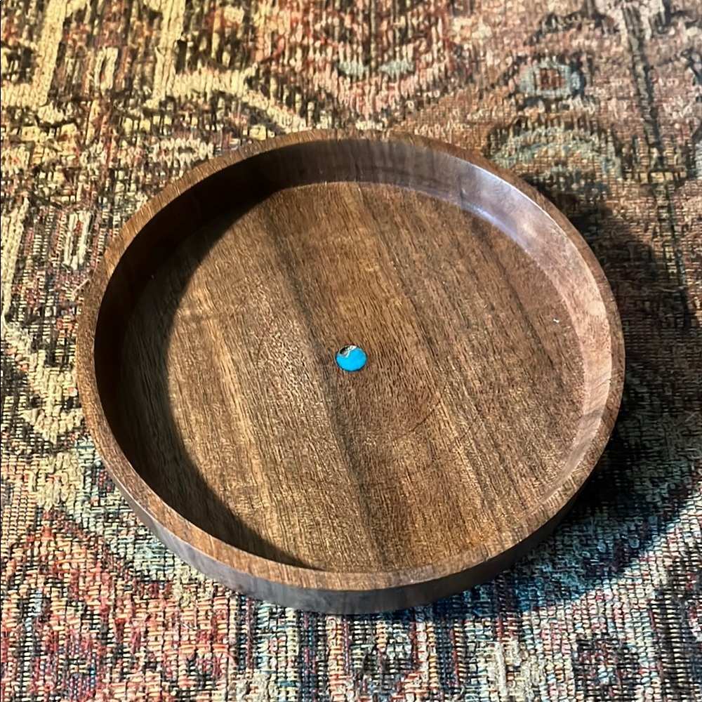 Small Round Wooden Tray with Turquoise Accent